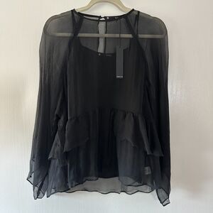 NWT Krisa Revolve‎ Black Sheer Ruffled Soft Flowy Blouse Size Medium